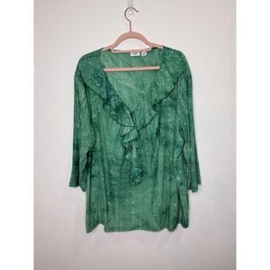 CATO Top 22/24 Green‎ Sequin Shirt Artsy Fairy Romantic Ruffle Blouse Whimsical